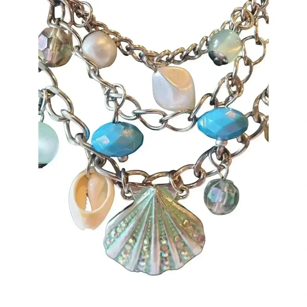 Triple Strand‎ Shell Crystal Bead Bib NecklaceTeal Blues Spring Summer Classic